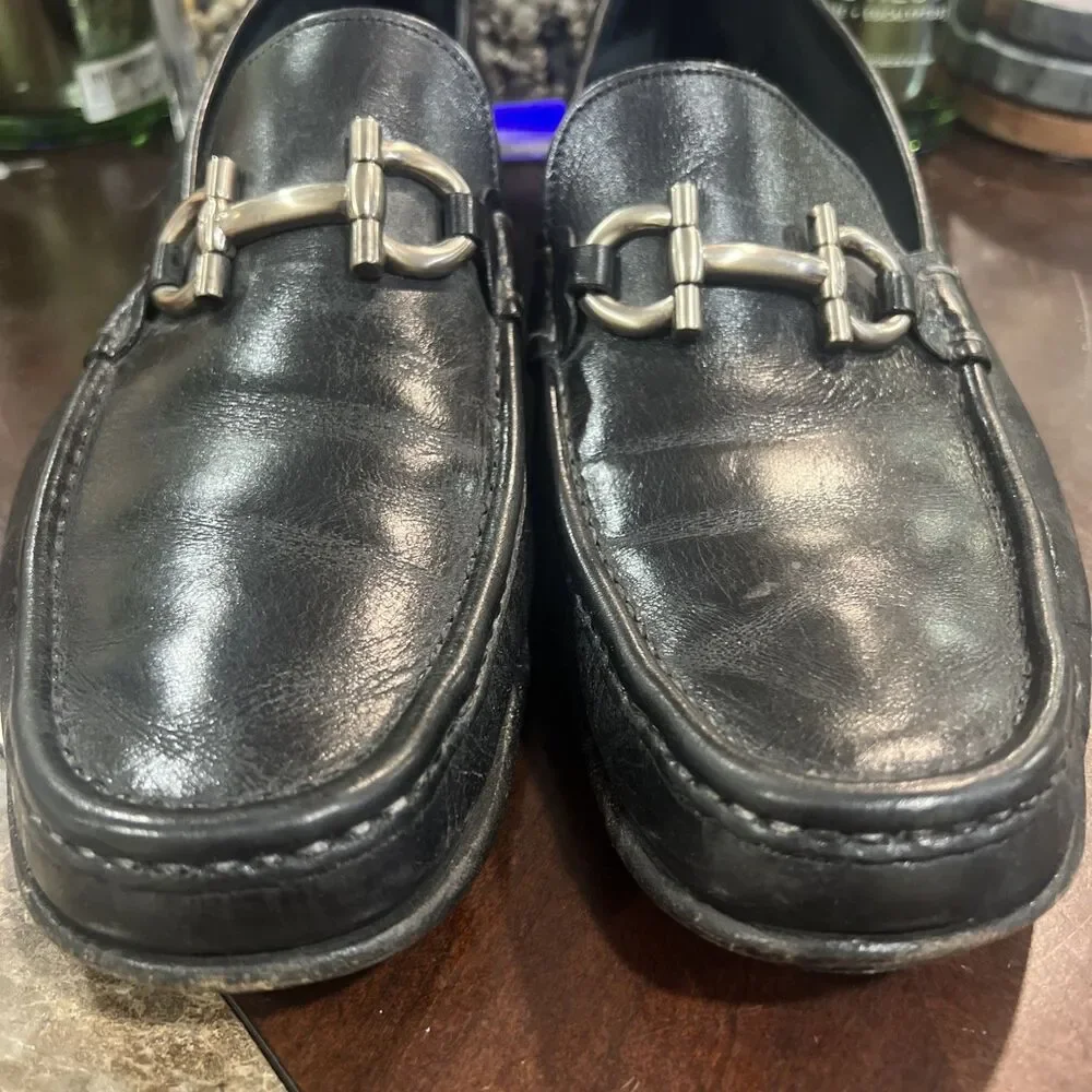 Salvatore Ferragamo Black Loafers Silver Horse Bit Shoe Size 11.5